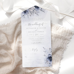 Dusty Blue Watercolor Floral Botanical Wedding All-in-One-Einladung