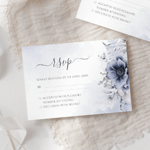 Dusty Blue Watercolor Floral Botanical Wedding RSVP Karte