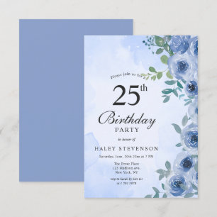 Dusty Blue Watercolor Floral Chic 25. Geburtstag Einladung