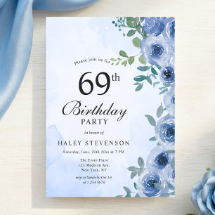 Dusty Blue Watercolor Floral Chic 69. Geburtstag i Einladung