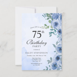 Dusty Blue Watercolor Floral Chic 75. Geburtstag I Einladung