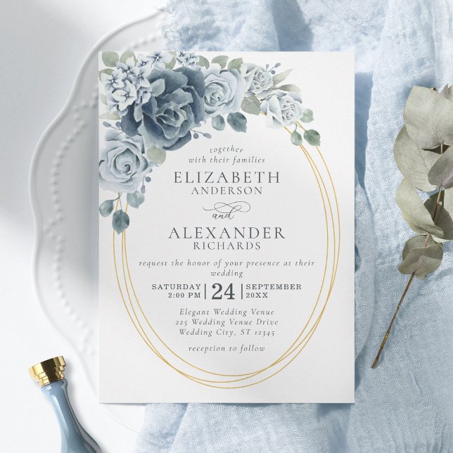 Dusty Blue Watercolor Floral Elegante Hochzeit Einladung (Von Creator hochgeladen)