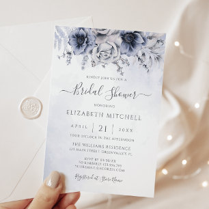 Dusty Blue Watercolor Floral Elegantes Brautparty Einladung
