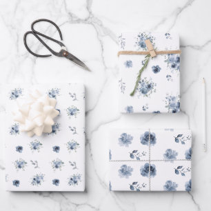 Dusty Blue Watercolor Floral Geschenkpapier Set