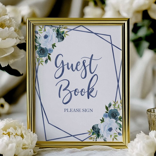 Dusty Blue Watercolor Floral Guest Book Sign Poster (Von Creator hochgeladen)