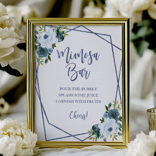 Dusty Blue Watercolor Floral Mimosa Bar Sign Poster