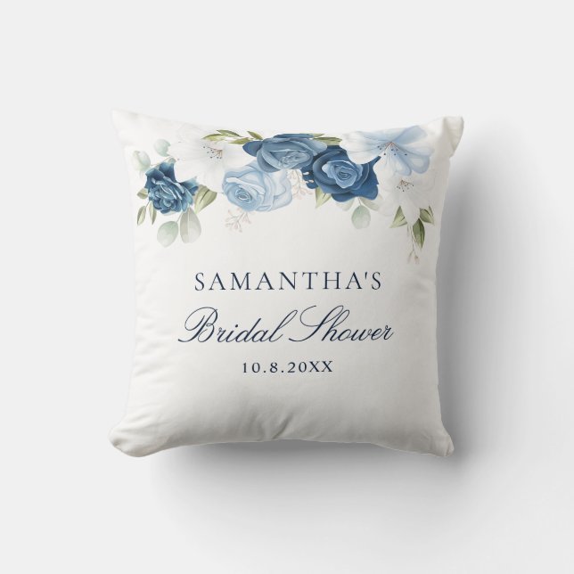 Dusty Blue Watercolor Floral Script Brautparty Kissen (Vorderseite)