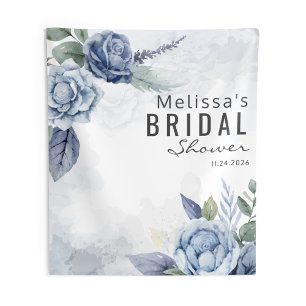 Dusty Blue Watercolor Floral Typografy Wandteppich