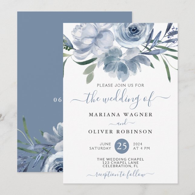 Dusty Blue Watercolor Floral Wedding Einladung (Vorne/Hinten)