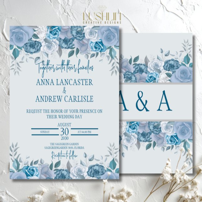 Dusty Blue Watercolor Floral Wedding Einladung (Von Creator hochgeladen)