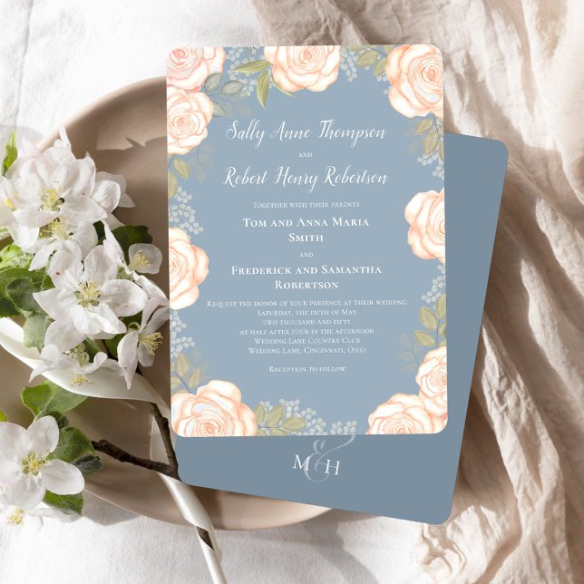 Dusty Blue Watercolor Floral Wedding Einladung (Dusty blue wedding invitations with watercolor blush pink floral.)