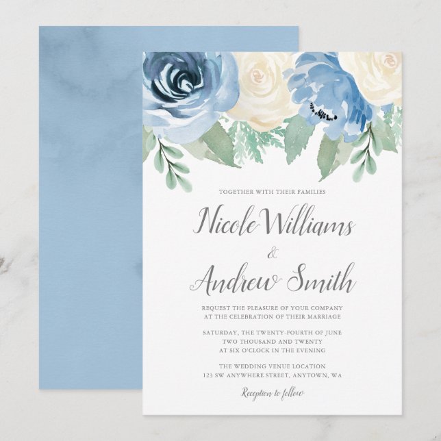 Dusty Blue Watercolor Floral Wedding Einladung (Vorne/Hinten)