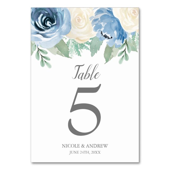 Dusty Blue Watercolor Floral Wedding Tischnummer (Vorderseite)
