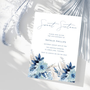 Dusty Blue Watercolor Florals Sweet 16 Birthday Einladung