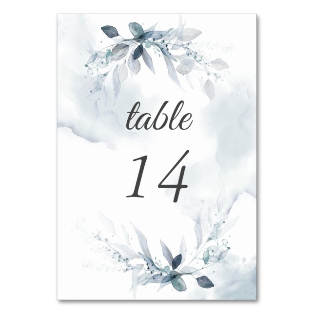 Dusty Blue Watercolor Foliage Tischnummer (Vorderseite)