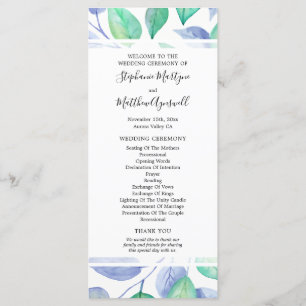 Dusty Blue Watercolor Foliage Wedding Zeremonie Programm