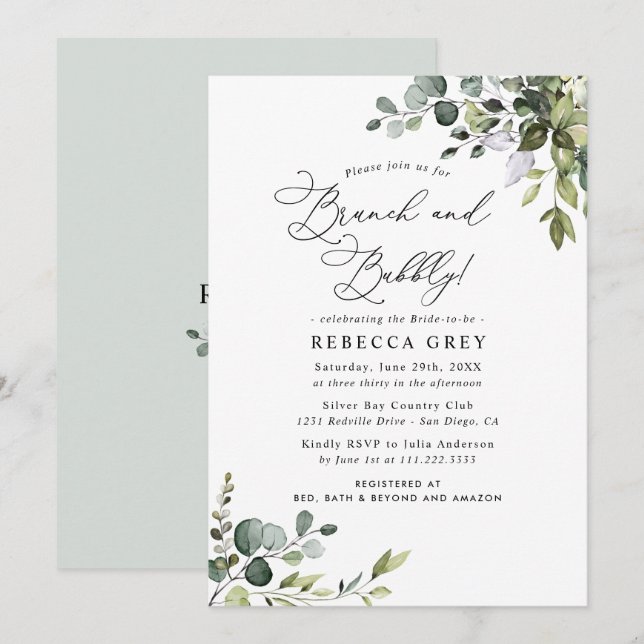 Dusty Blue Watercolor Greenerity Brunch & Bubbly Einladung (Vorne/Hinten)