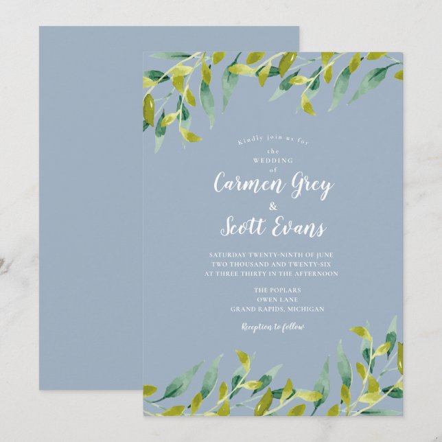Dusty Blue Watercolor Greenery Eucalyptus Wedding Einladung (Vorne/Hinten)