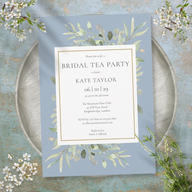 Dusty Blue Watercolor Grüne Bridal Tea Party Einladung (Von Creator hochgeladen)