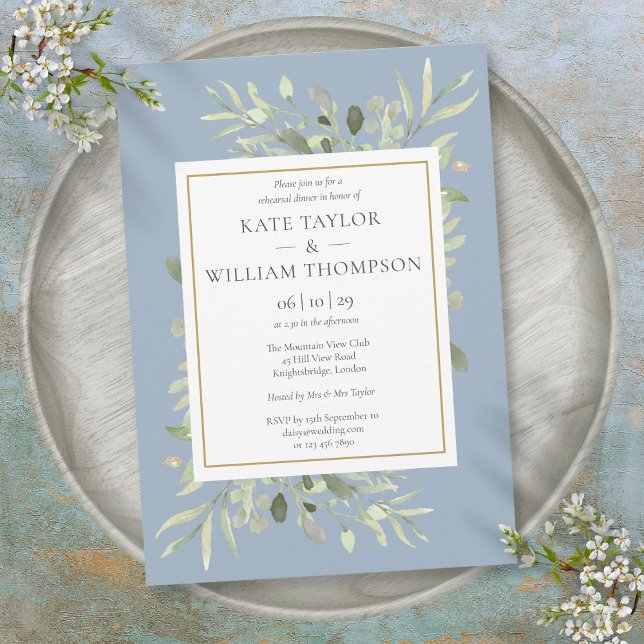 Dusty Blue Watercolor Grüne Probe Abendessen Einladung (Dusty Blue Watercolor Greenery Rehearsal Dinner Invitation)
