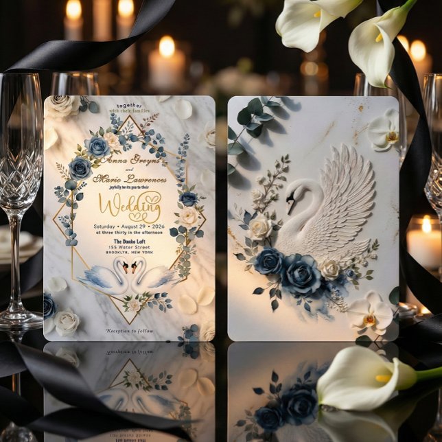 Dusty Blue Watercolor Marble Faux Foil Wedding Einladung (Von Creator hochgeladen)