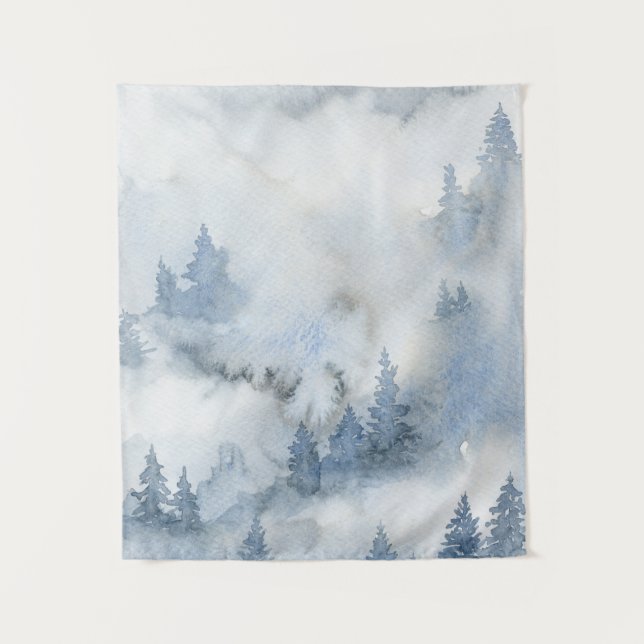Dusty Blue Watercolor Misty Abstrakt Forest    Wandteppich (Vorderseite)