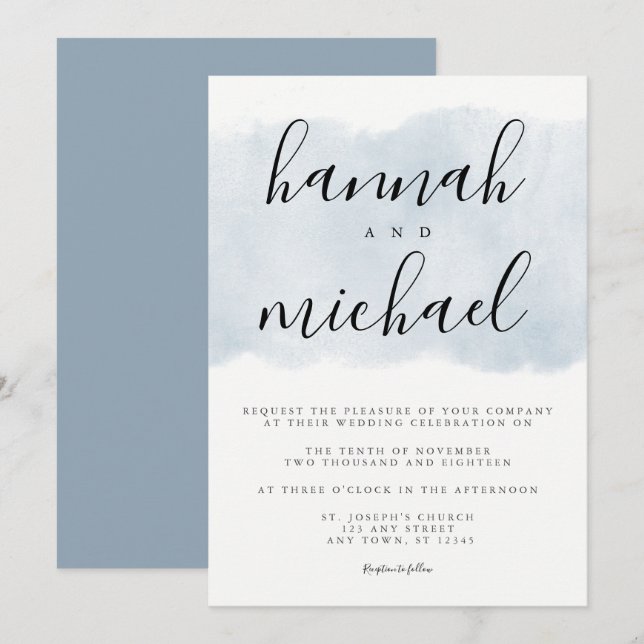 Dusty Blue Watercolor Moderne einfache Hochzeit Einladung (Vorne/Hinten)