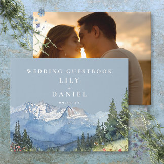 Dusty Blue Watercolor Mountain Wedding Foto Gästebuch