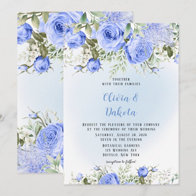 Dusty Blue Watercolor Peony Blossoms Chic Wedding Einladung (Vorne/Hinten)