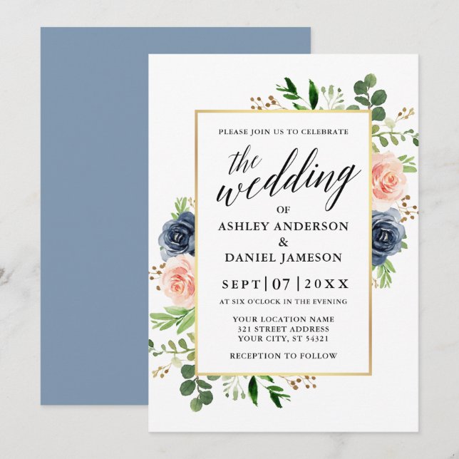 Dusty Blue Watercolor Rose Calligrafy Wedding Einladung (Vorne/Hinten)