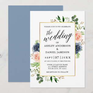 Dusty Blue Watercolor Rose Calligrafy Wedding Einladung