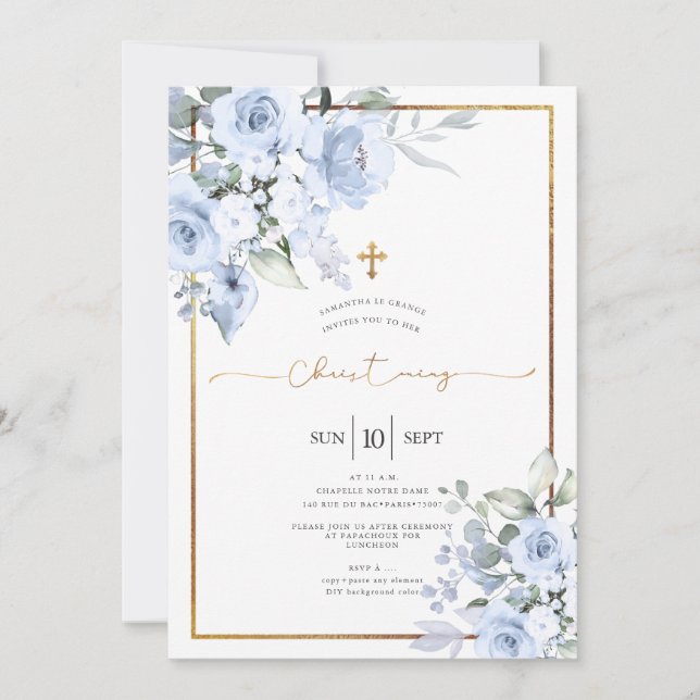 Dusty Blue Watercolor Rose Christening Einladung (Vorderseite)