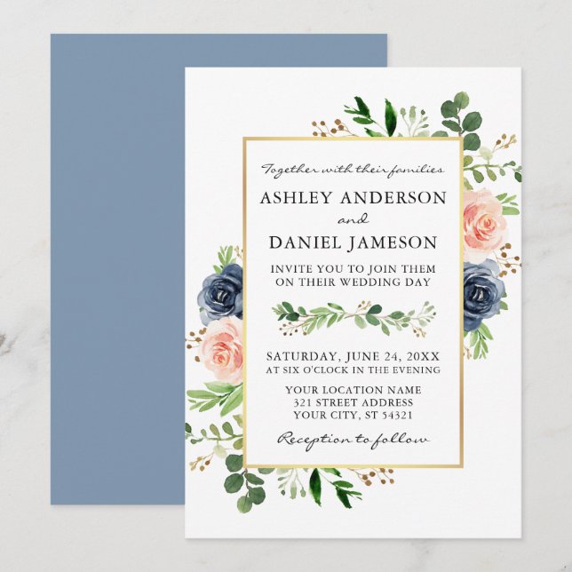 Dusty Blue Watercolor Rose Grüne Hochzeit Einladung (Vorne/Hinten)