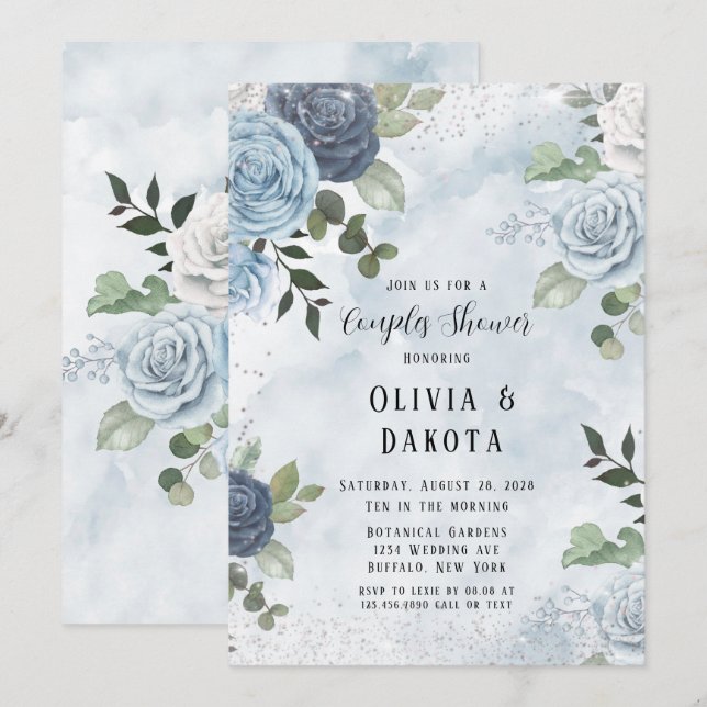 Dusty Blue Watercolor Rustic Floral Couples Dusche Einladung (Vorne/Hinten)