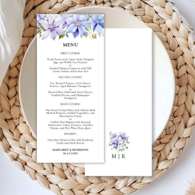 Dusty Blue Watercolor Rustic Floral Wedding Menu Menükarte (Von Creator hochgeladen)