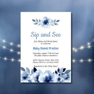 Dusty Blue Watercolor Sip und Babydusche Einladung