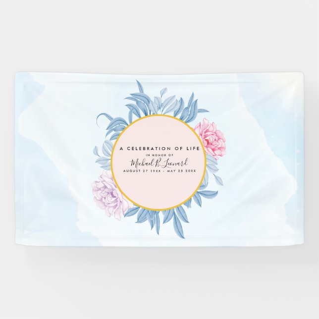 Dusty Blue Watercolor Sukkulent Beerdigung Memoria Banner (Horizontal)