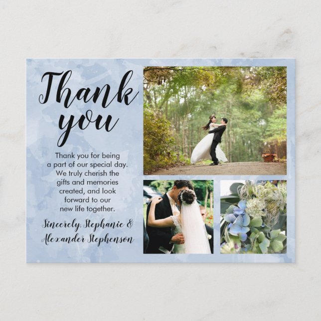 Dusty Blue Watercolor Wedding Danke 3 Foto Postkarte (Vorderseite)