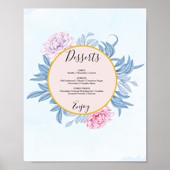 Dusty Blue Watercolor Wedding Dessert Menu Sign Poster (Vorne)