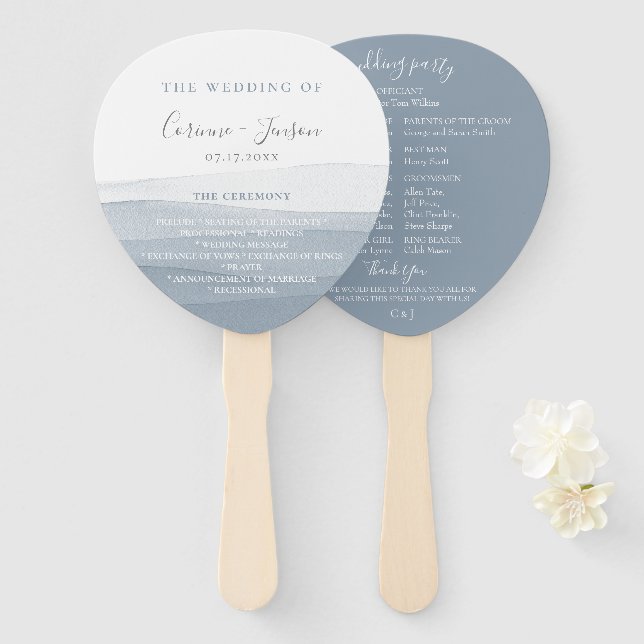 Dusty Blue Watercolor Wedding Program Hand Fans Fächer (Vorne und Hinten)