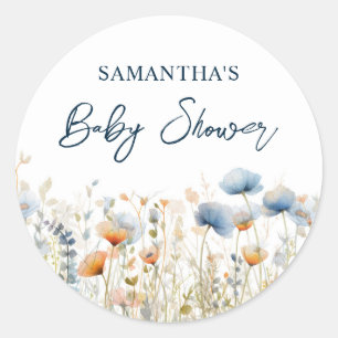 Dusty Blue Watercolor Wildblume Babydusche Runder Aufkleber