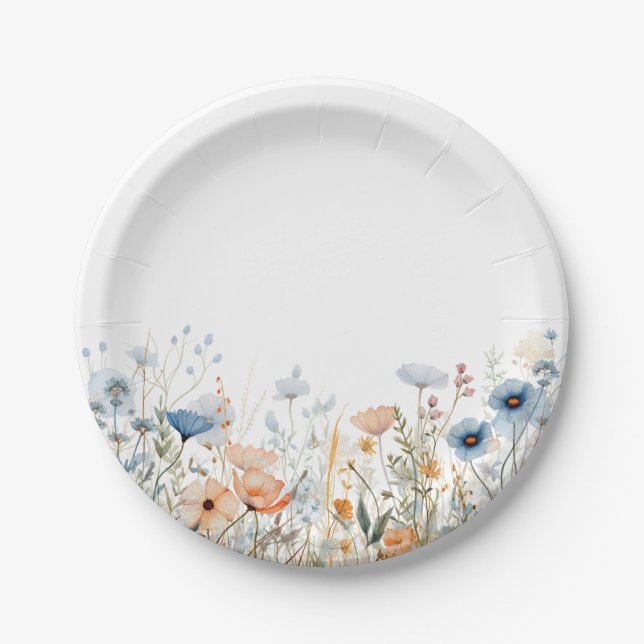 Dusty Blue Watercolor Wildblume Wedding Pappteller (Vorderseite)