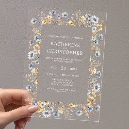 Dusty Blue Watercolor Wildblumen Elegante Hochzeit Acryleinladungen