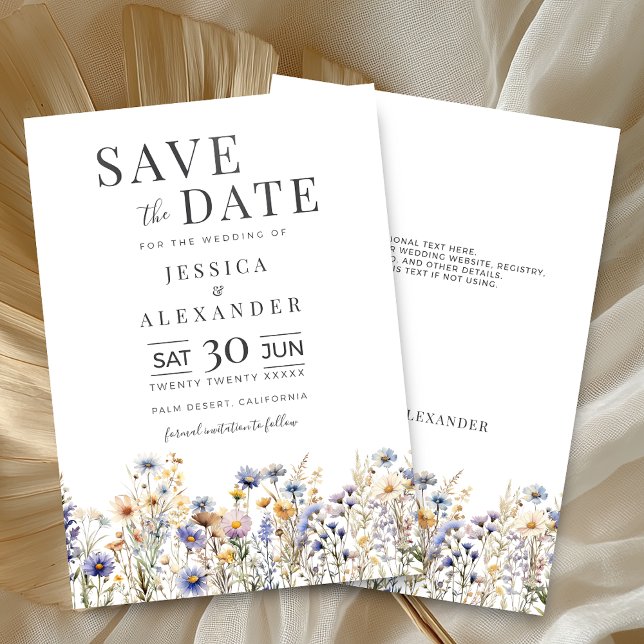 Dusty Blue Watercolor Wildblumen Elegante Hochzeit Save The Date (Dusty Blue Watercolor Wildflowers Elegant Wedding Save the Date with Optional Info on the Back.)