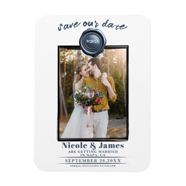 Dusty Blue Wax Siegel Foto Wedding Save the Date Magnet (Vertikal)