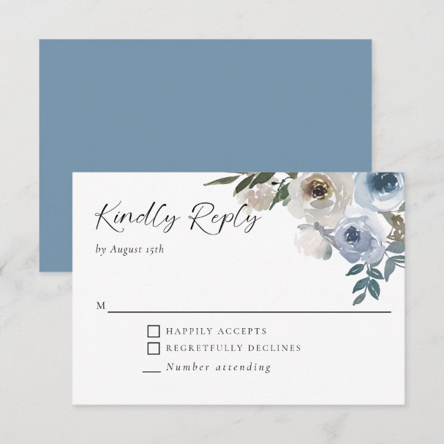 Dusty Blue Wedding Floral Elegant Kindly Reply RSVP Karte (Vorne/Hinten)