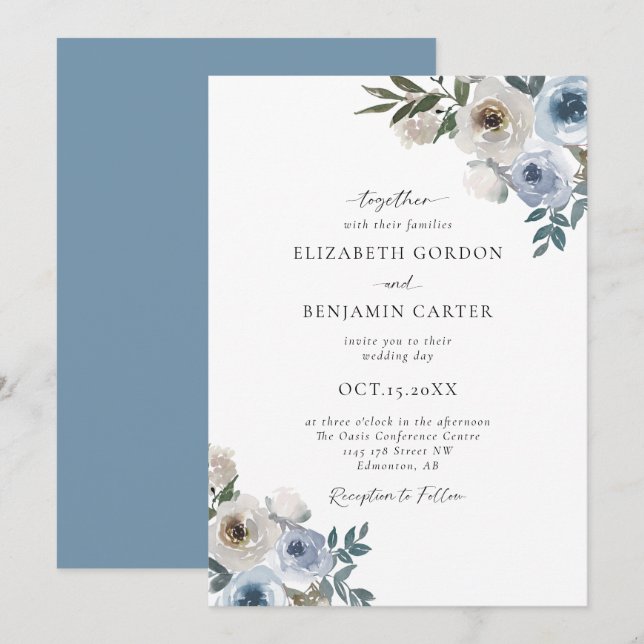 Dusty Blue Wedding Floral Elegantes Script Rustic Einladung (Vorne/Hinten)