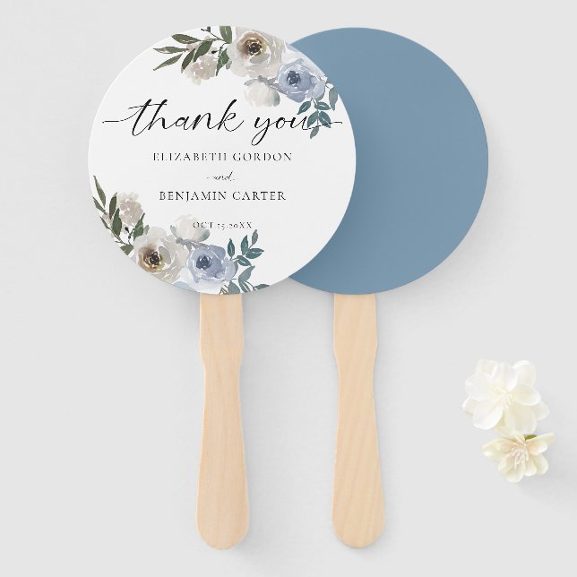 Dusty Blue Wedding Floral Elegantes Script Rustic Fächer (Vorne und Hinten)