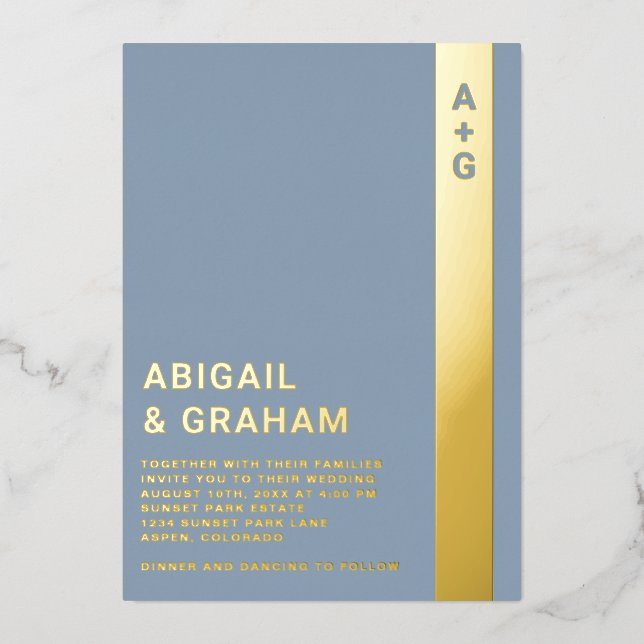 Dusty Blue Wedding Foil Einladung (Vorderseite)