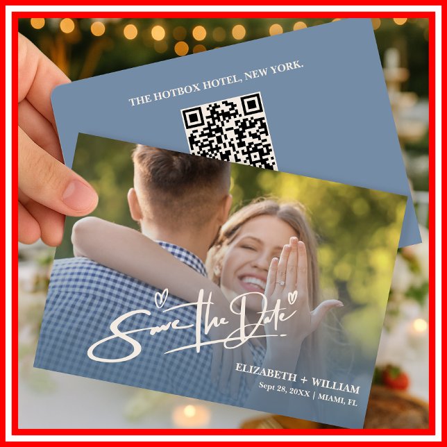 Dusty Blue Wedding Foto QR Code Elegant Save The Date (Von Creator hochgeladen)